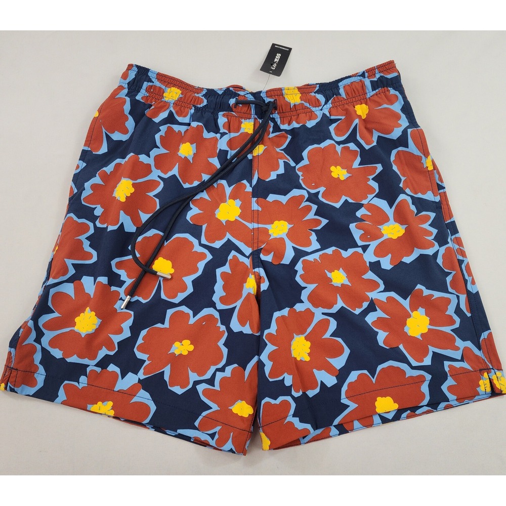 Express Mens Hybrid Swim Trunks Floral Brown Navy Stretch Shorts 003613426 XL
